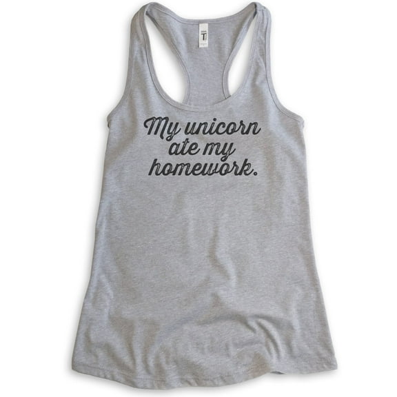 My Unicorn Ate My Homework Tank Top, Ladies Racerback Tank Top, Funny Unicorn Tank, Heather Gray, X-Large