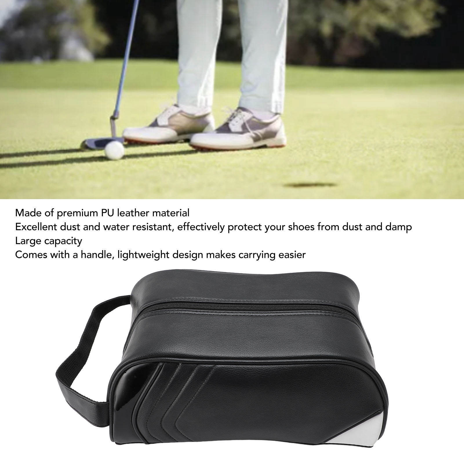 YAHHU Premium PU Leather Golf Shoe Carrier Bag for Travel & Storage - Water Resistant, Multifunctional Portable Organizer with Handle, Black, Fits Large Shoes, 15.7 x 9.4 x 3.1 Inches