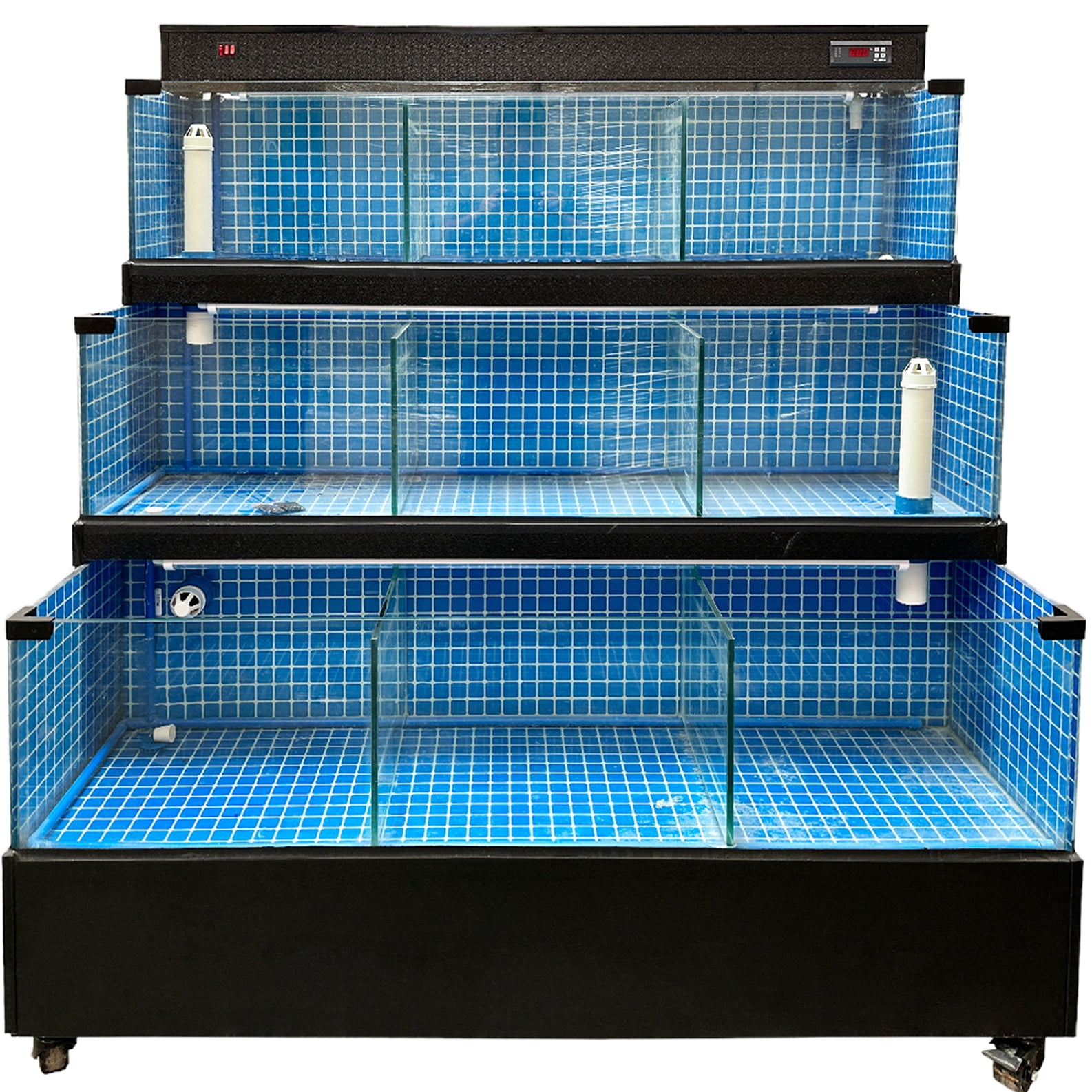60" Commercial Lobster Seafood Tank, 3-Tier Sea Water Display Aquarium, Live Fish Holding System with Smart Filtration, Blue Mosaic Interior, 220V