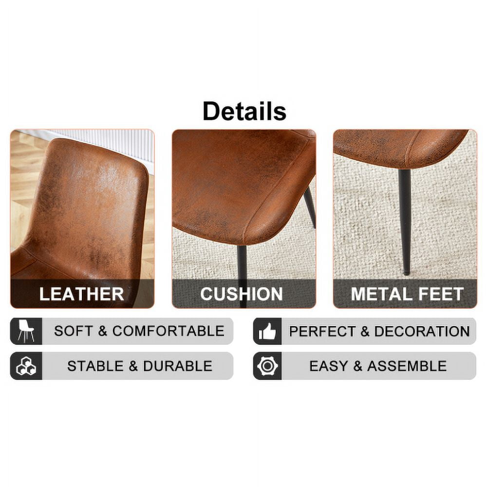 Set of 6 Brown Suede Dining Chairs with Black Metal Legs, Curved Wide Cushion, Modern Upholstered Comfortable Kitchen & Dining Room Chairs