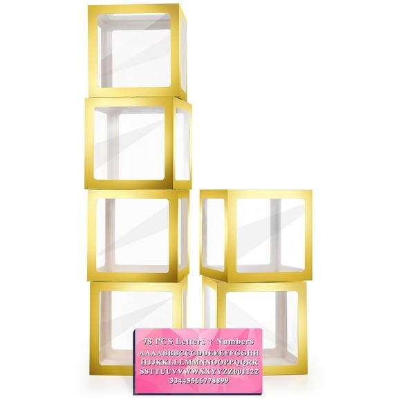Baby Boxes with Letters, 6 Transparent Balloon Boxes with 78 Letters & Numbers, Clear Name Boxes for Baby Shower Birthday Bridal Wedding Gender Reveal Party Decorations Backdrop, Gold