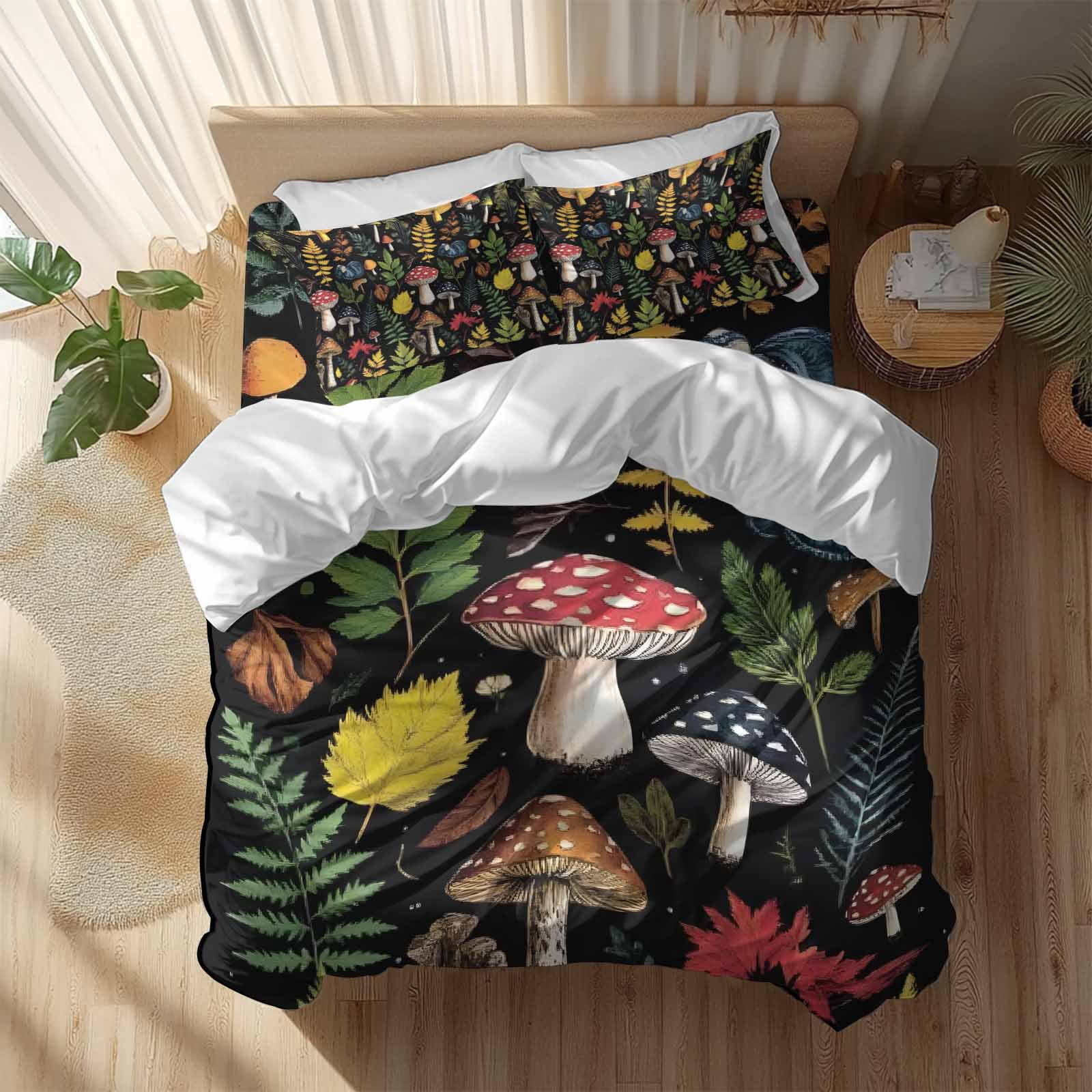 Farm Mushroom Duvet Cover Set King Size, Leaf Fern Plant Retro Black Background 4 Piece Soft Microfiber Bedding Set with 1 Duvet Cover, 1 Flat Sheet, 2 Pillowcases