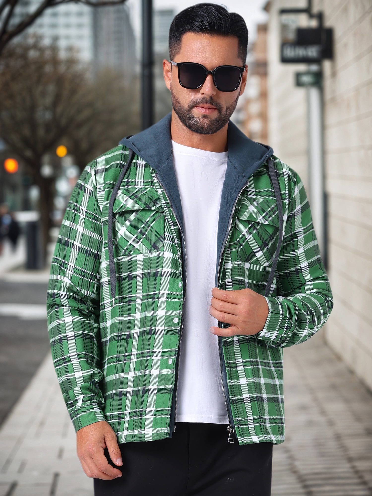DARING DIVA Shirt Jacket Drawstring Hooded Plaid Shacket M Dark Green