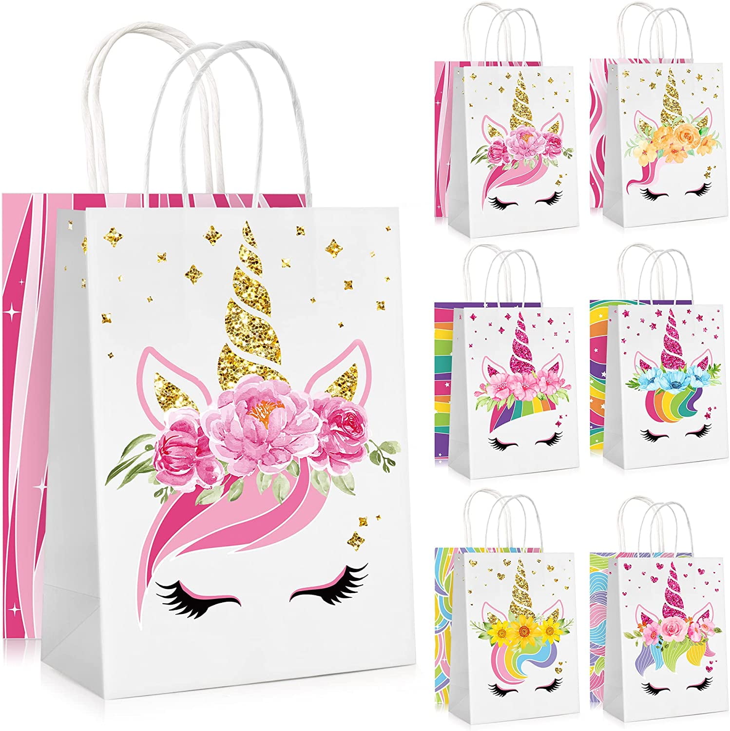 Mocoosy 18 Pack Unicorn Party Favor Bags, Kids Gift Bags for Unicorn Birthday Party, Unicorn Goodie Candy Treat Paper Bags with Handles for Girls Boys Unicorn Theme Birthday Baby Shower Party Supplies
