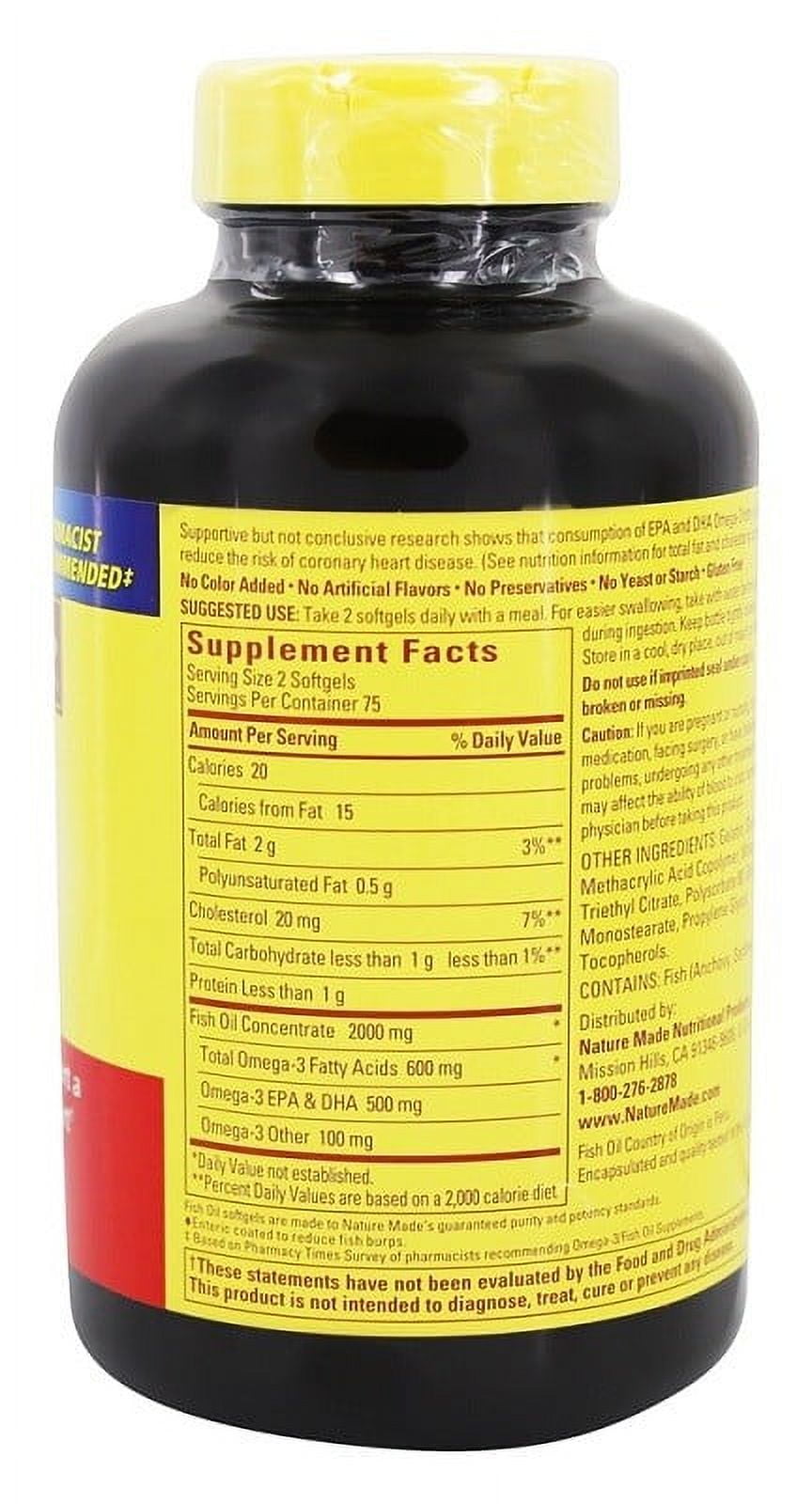 Nature Made Burp Less Fish Oil 1000 mg Softgels, Omega 3 Fish Oil  Supplements for Healthy Heart Support, Omega 3 Supplement with 150  Softgels, 75 Day