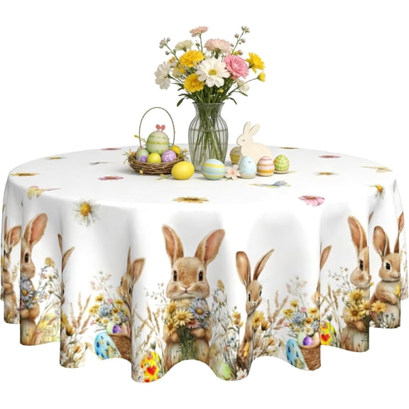 Verolix Easter Round Tablecloth 60 Inch, Bunny Floral Spring Polyester Table Cover for Dining Table Decor