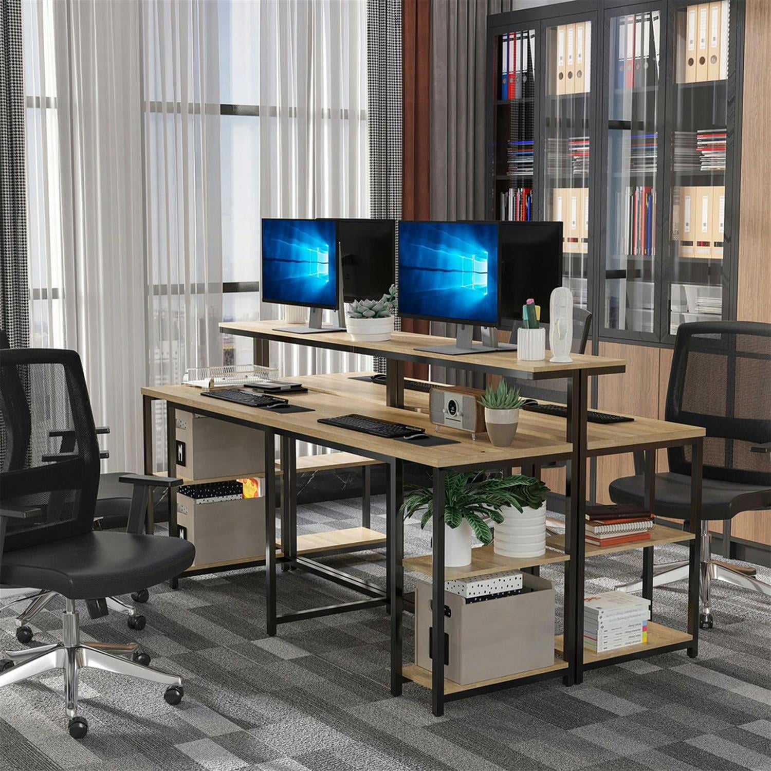 Demi Bonn Modern 2 Person Office Desk with Elevated Monitor Rack, CPU Stand, Home Computer Desk for Living Room, Office, Study, Writing Table PC Desks, Brown