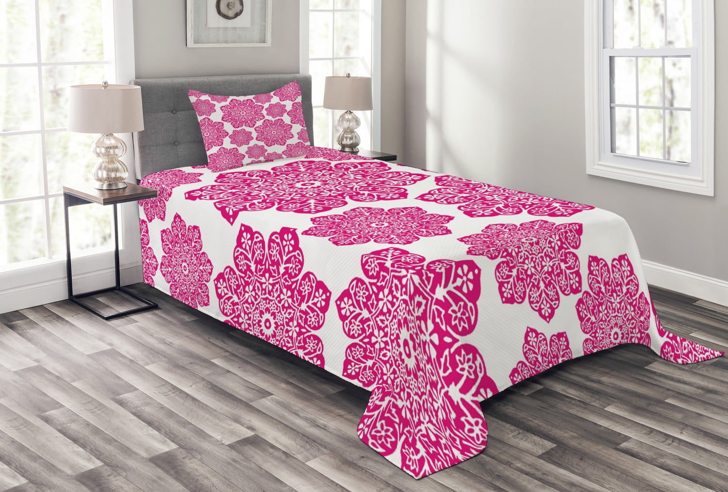 Hot Pink Bedspread Set Twin Size, Ethnic Batik Floral Arrangement with