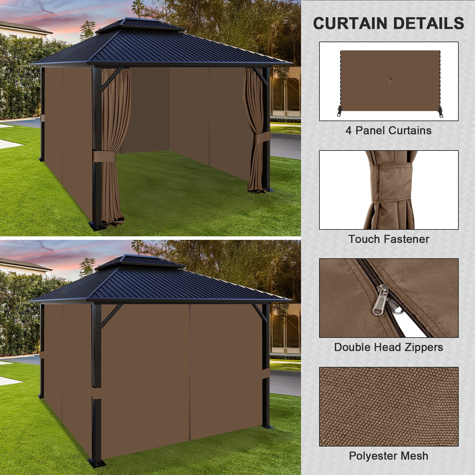 Aoodor 12' x 16' Gazebo Curtain Set Protecting Privacy Side Walls 4 Panels, Curtain Only - Brown