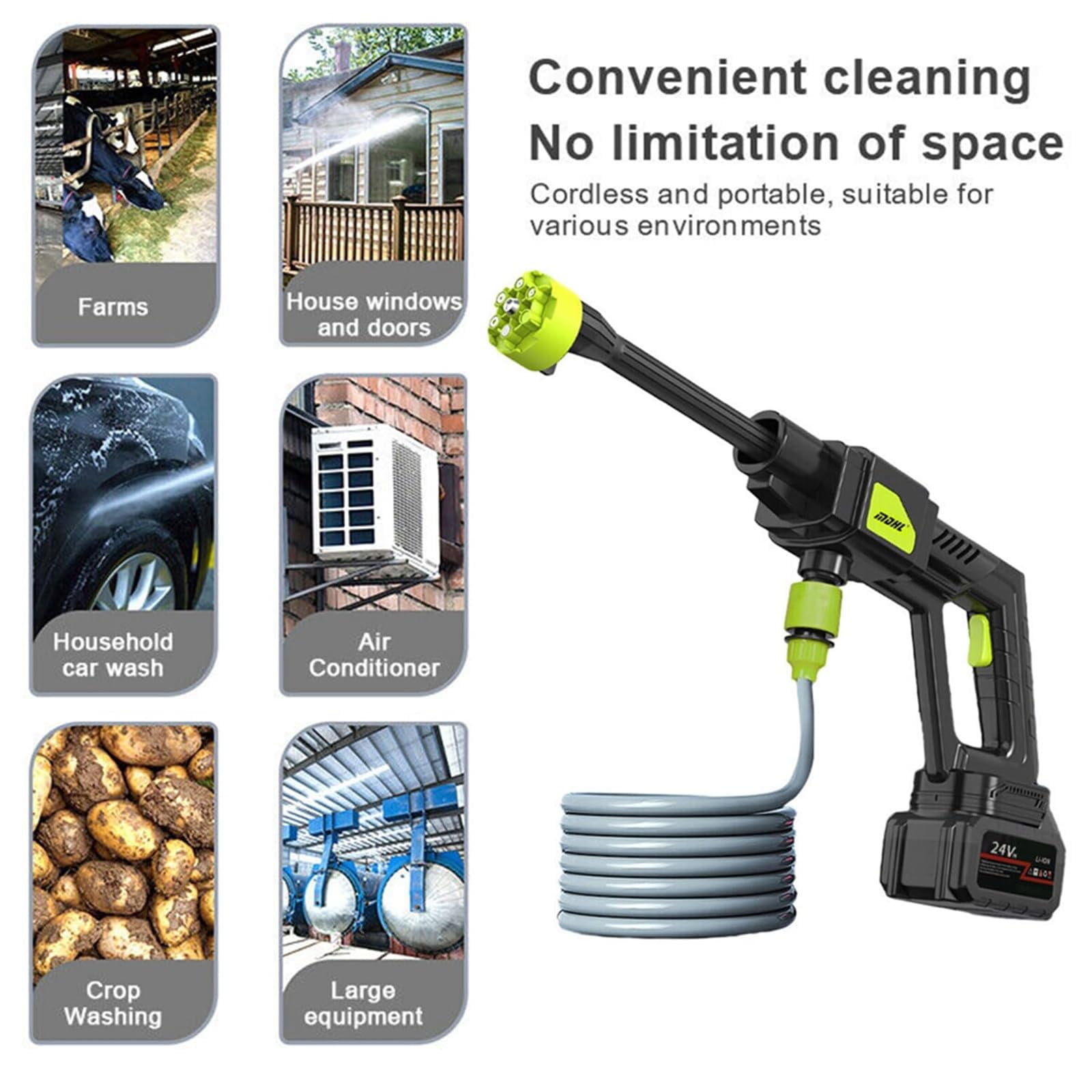 24V Cordless High Pressure Washer,Portable Power Washer with Rechargeable Battery 6-in-1 Nozzle,Handheld High-Pressure Car Washer Gun,2 Batteries,12M Long Range,Suitable for Car Washing