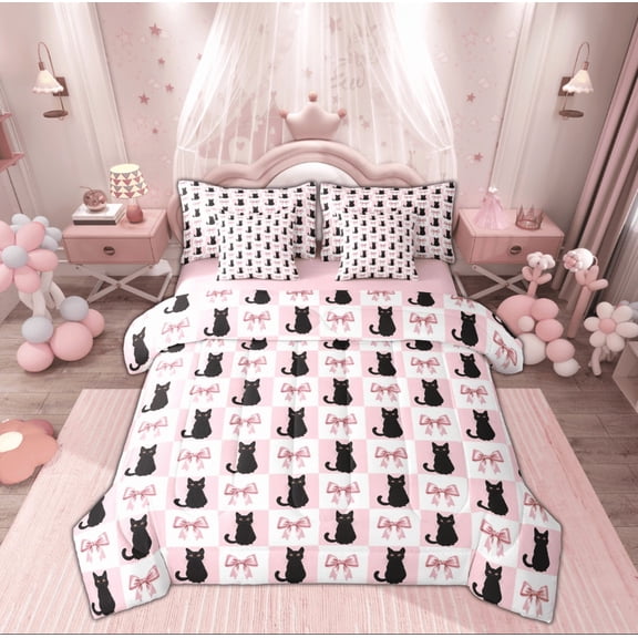 Manfei Kawaii Black Cat Twin Bedding Sets 7-Piece for Teen, Girly Pink Buffalo Bedding Comforter Set, Cartoon Bowknot Christmas Reversible Sheet Sets, Lightweight Room Decor