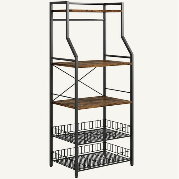 Bakers Rack, Farmhouse Microwave Oven Stand with 2 Large Metal Wire Basket, 5 Tier Utility Storage Shelf with 8 Hooks
