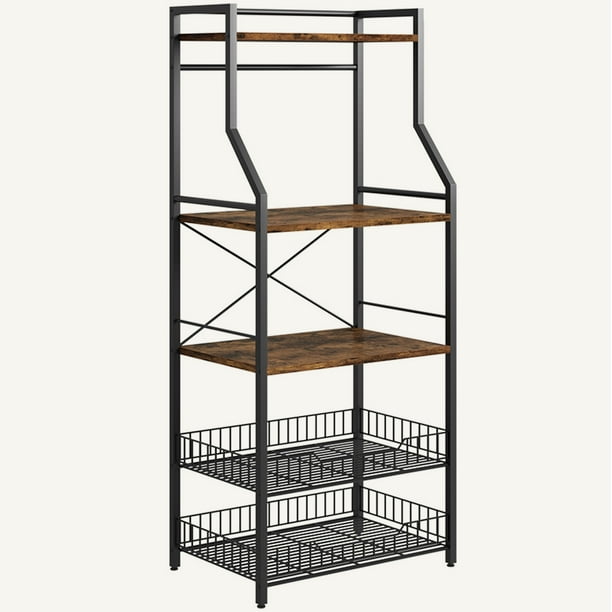 Estante para Panaderos, Soporte para Horno de Microondas Estilo Rústico con 2 Grandes Cestas de Alambre Metálico, Estante de Almacenamiento de 5 Niveles con 8 Ganchos