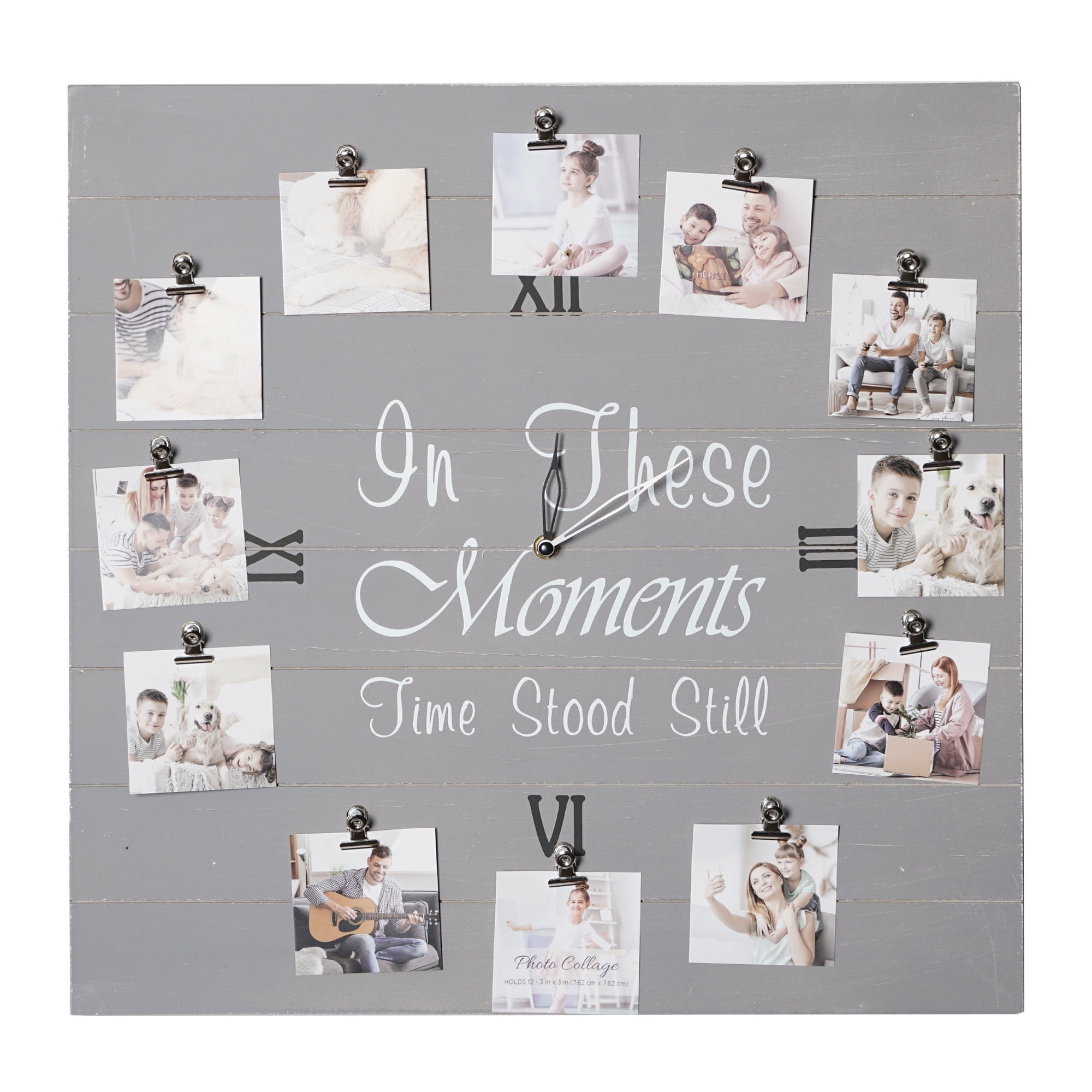 In These Moments Gray Wood Plank Photo Collage Clock with Picture Clip - 20" x 20"