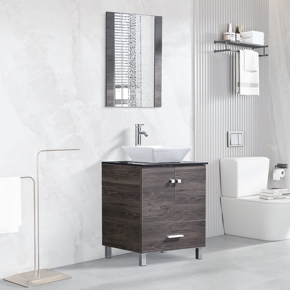 Wonline 24" Bathroom Vanity Wood Cabinet Ceramic Porcelain Sink Mirror Combo