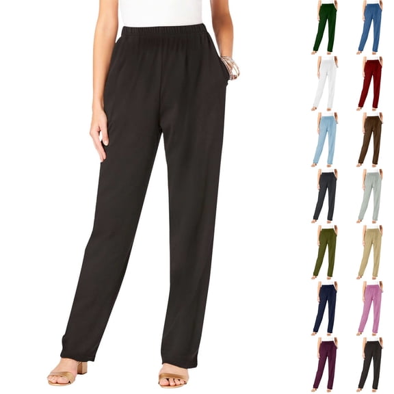 Dezsed Women's Straight Leg Long Pants Summer Elastic High Waist Casual Trousers Comfy Stretch Pull On Pants with Pockets Black L