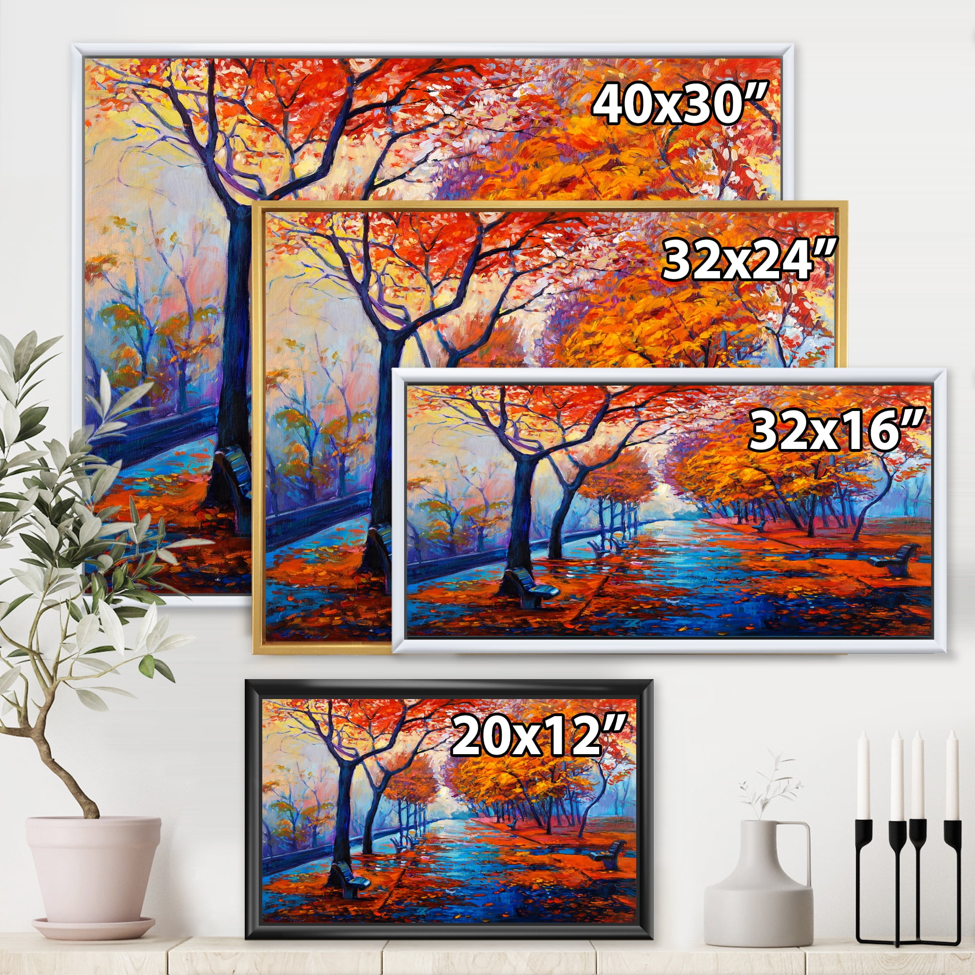 Designart 'Orange Autumn Landscape With Little Road III' Traditional Framed Canvas Wall Art Print