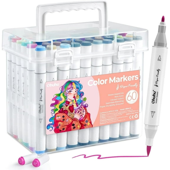 Ohuhu 60 Colors Dual Tip Water-Based Markers, Brush & Fine, No Bleed, Paper-Friendly for Adults