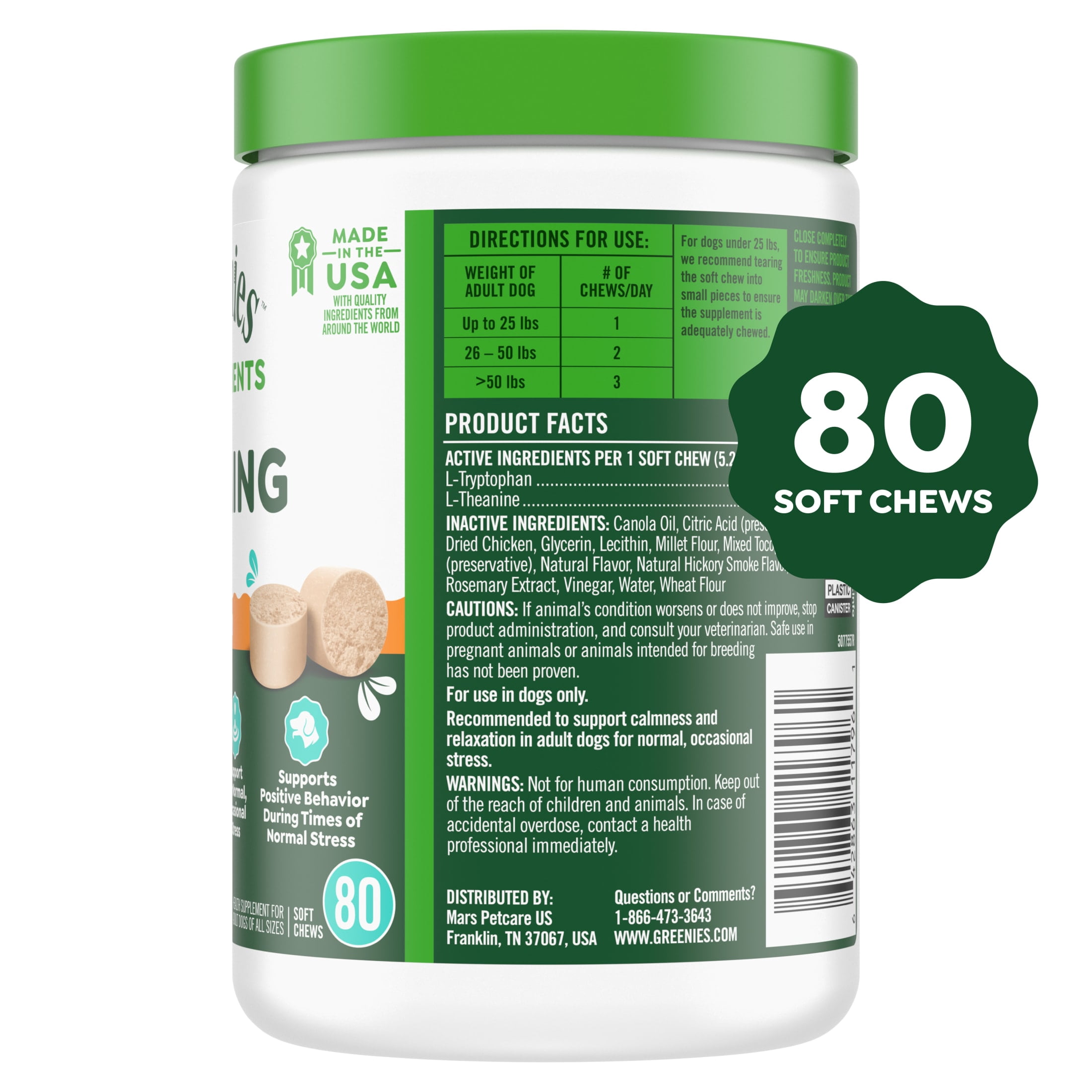 Greenies Supplements Calming Chews for Dogs Chicken Flavor, 14.7 oz Container of 80 ct. Soft Chews