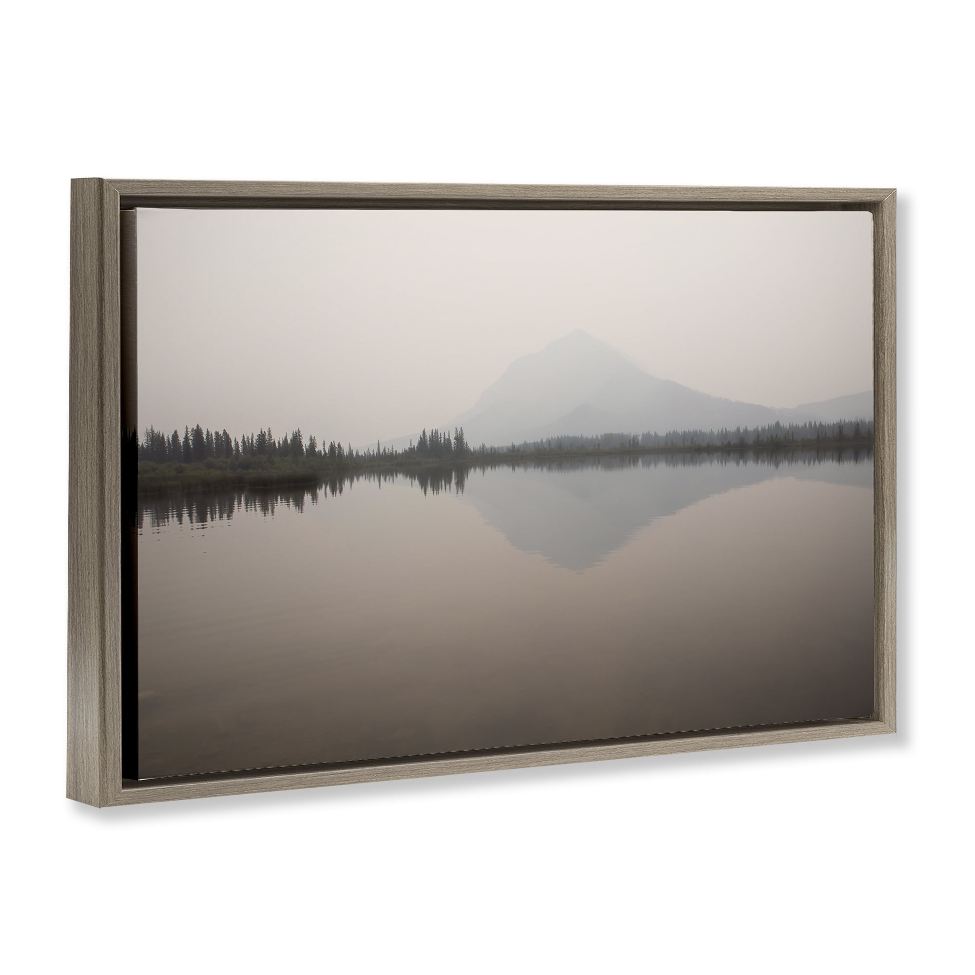 Stupell Industries Mountain Peak Reflecting Lake Landscape & Nature Photography Brown Floater Framed Canvas Art Print Wall Art, 31 x 21