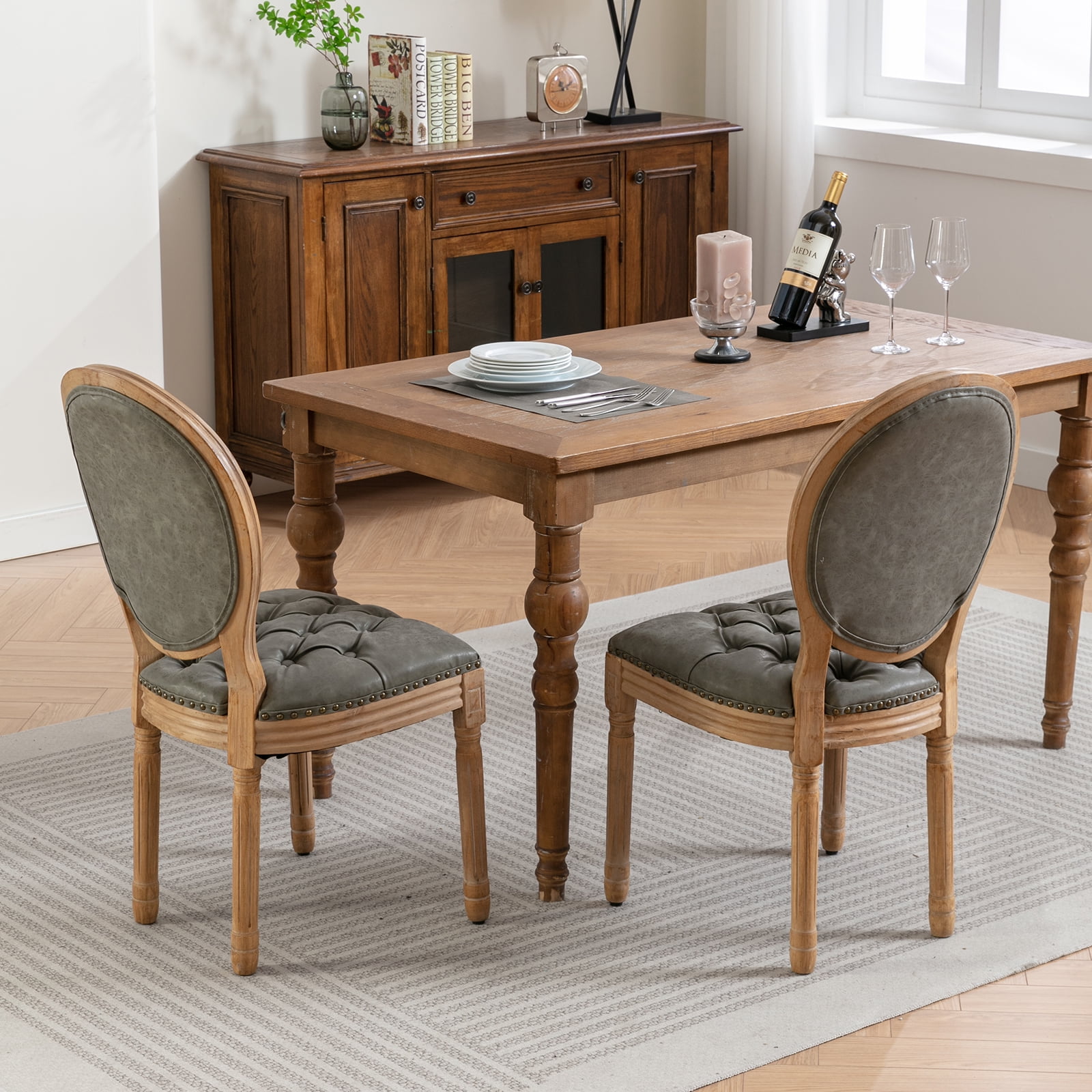 ODUSE-DAILY French Country Dining Chairs Set of 8, Olive Kitchen & Dining Room Chairs, Faux Leather Kitchen Chairs, Tufted Upholstered, Wood Legs, Sillas De Comedor (PU, Pine Green, 8Pcs)