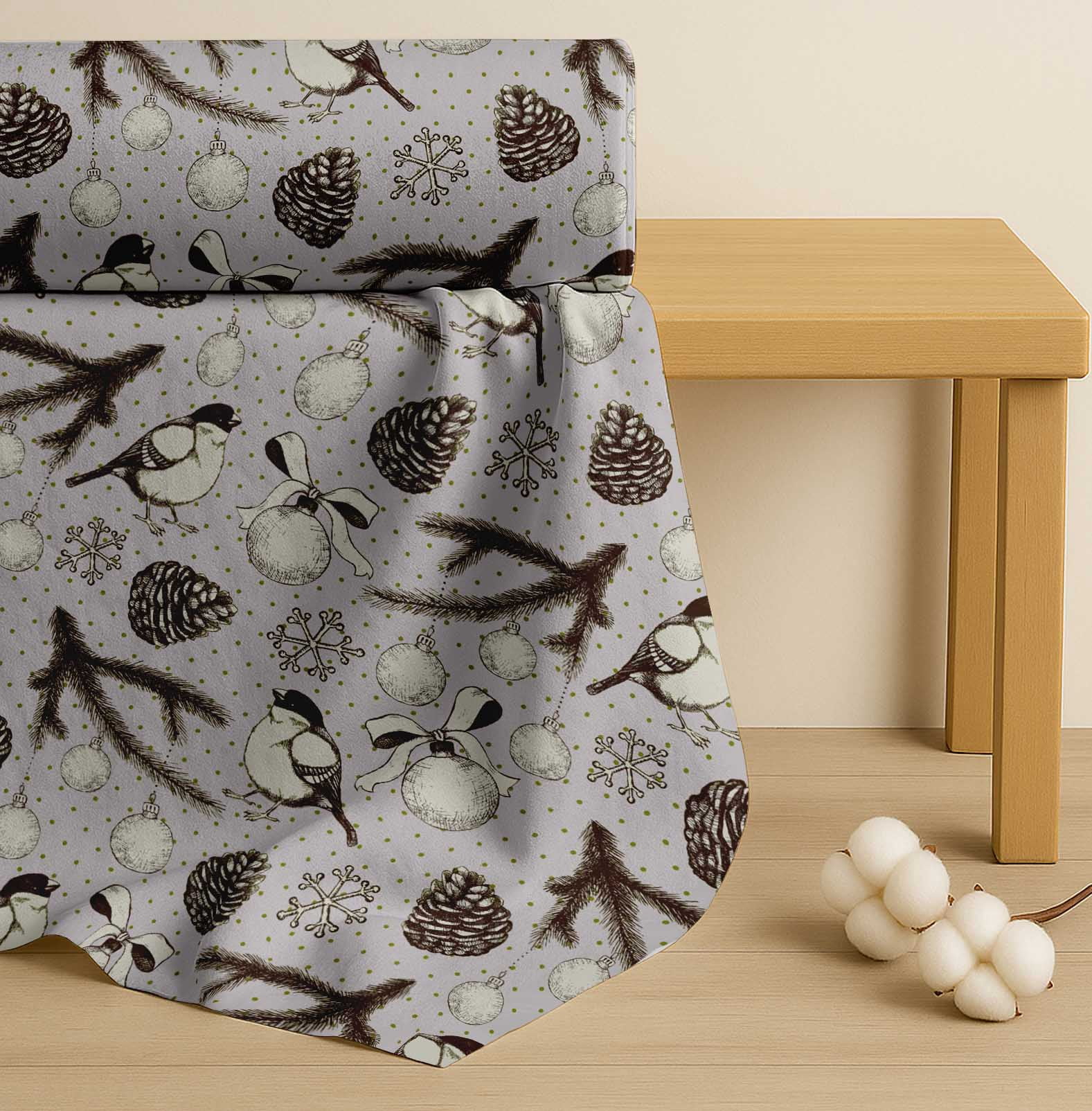 Soimoi Gray Cotton Voile Fabric American Robin & Baubles Christmas Printed Fabric 1 Yard 56 Inch Wide