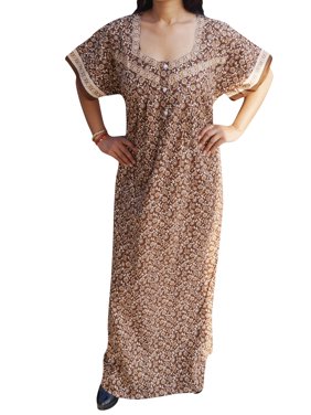 Mogul Womens Cotton Brown Caftan Dress Nightwear Summer Comfy Printed Short Sleeves Sleepwear Maxi Kaftan