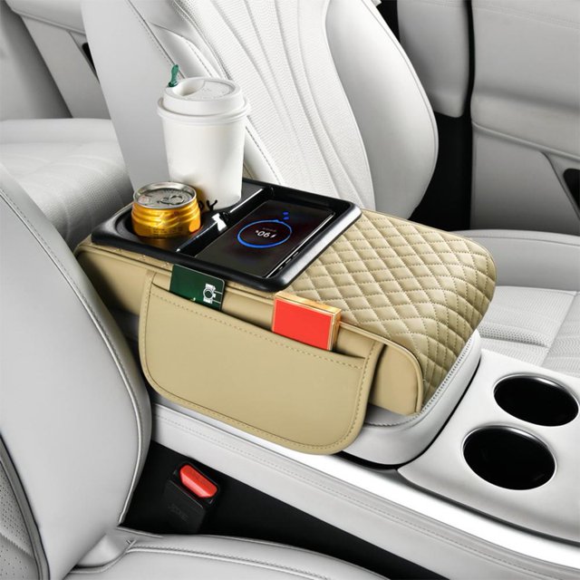 Car Armrest Riser Pad with Wireless Charging, Nappa Leather Console Organizer, Dual Cup Holders, Side Pocket Storage for Enhanced Driving Comfort & Phone Power
