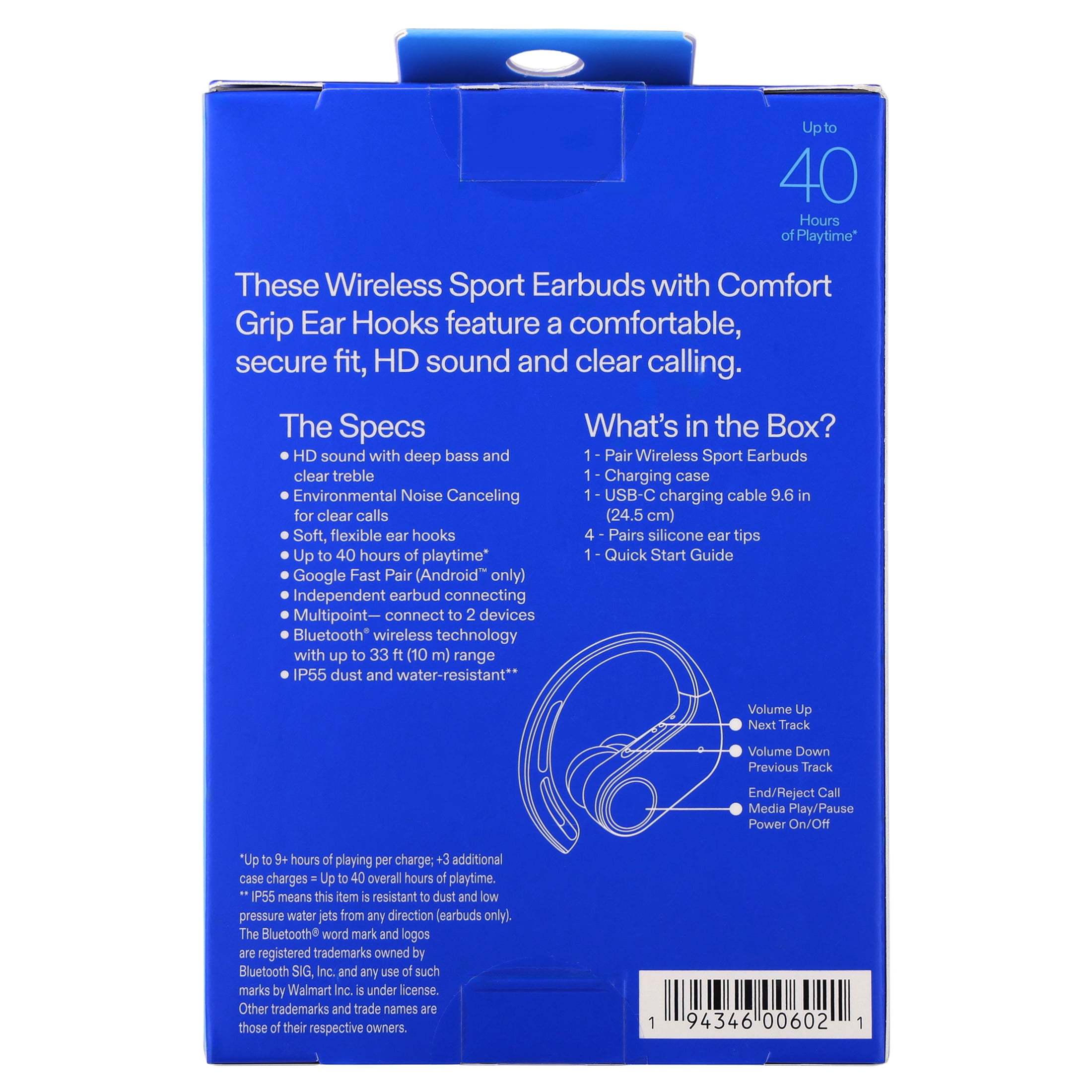 onn Wireless Sport Earbuds with Comfort Grip Ear Hooks, White