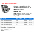 thumbnail image 2 of Alternator - Compatible with 2002 - 2003 Nissan Maxima Sedan 3.5L V6, 2 of 2
