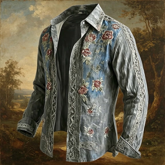 Yaoyar Men's Bohemian Floral Print Button Down Shirts, Loose Lapel Long Sleeve Vintage Beach Holiday Shirts