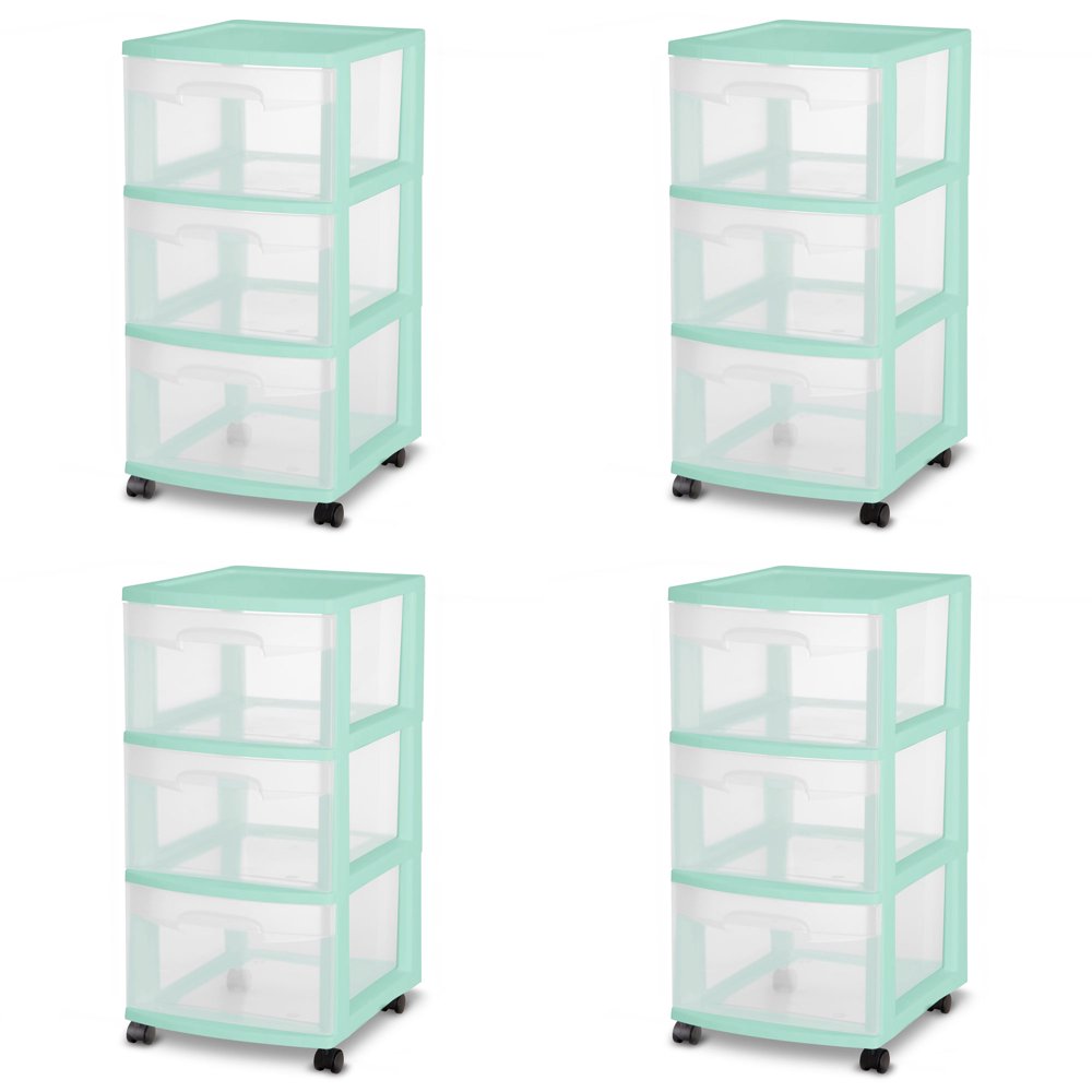 Sterilite 3 Drawer Rolling Caster Wheel Home Organizer Storage Cart (4 Pack)