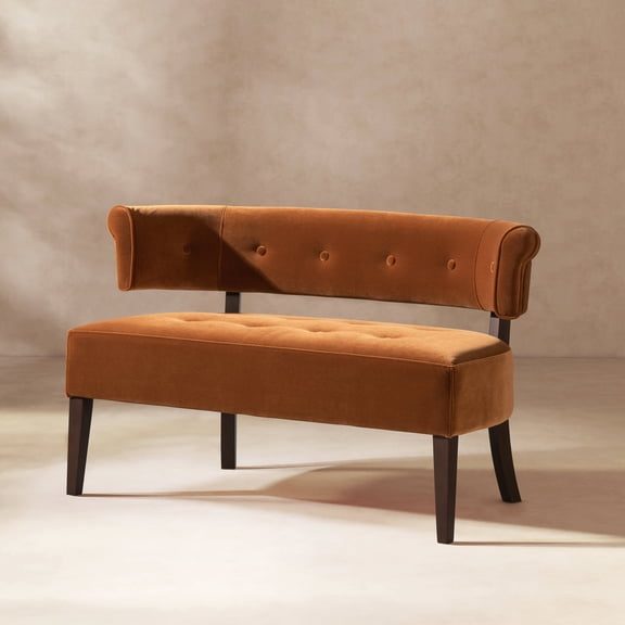 Wooden Bedroom Benches, Jared Roll Arm Tufted Bench Settee, Burnt Orange Performance Velvet, Burnt Orange Bedroom Benches,Velvet Bedroom Bench For End Of Bed