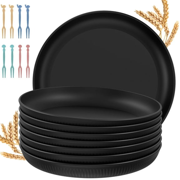 GPED 9inch Deep Dinner Plates Set of 8, Unbreakable Wheat Straw Plates, Reusable Plastic Dinner Plates, Microwave and Dishwasher Safe, Black