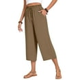 thumbnail image 2 of Womens Linen Cropped Pants, Drawstring High Waisted Wide Leg Casual Loose Capris Trousers with Pockets Beach Vocation Clothes Khaki L, 2 of 9