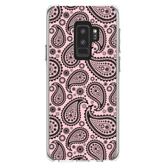 DistinctInk Clear Shockproof Hybrid Case for Samsung Galaxy S9  PLUS (6.2" Screen) - TPU Bumper, Acrylic Back, Tempered Glass Screen Protector - Black & Pink Paisley