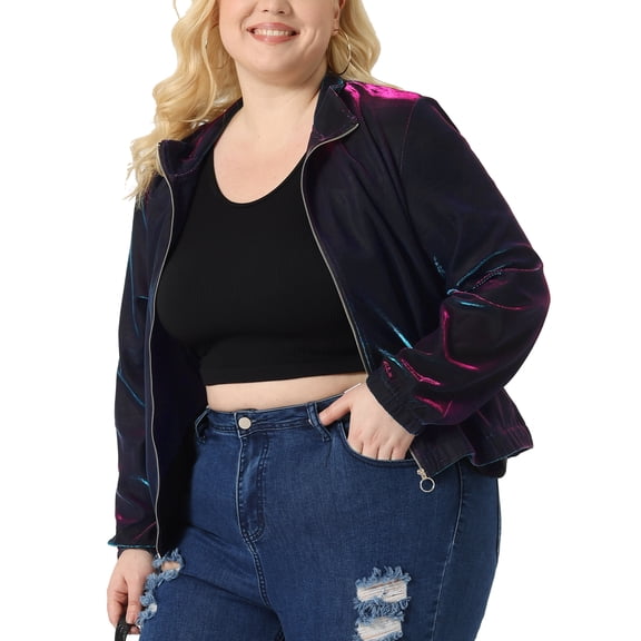 DARING DIVA Plus Size Holographic Long Sleeve Zip Up Mesh Jackets 1X Blue Purple