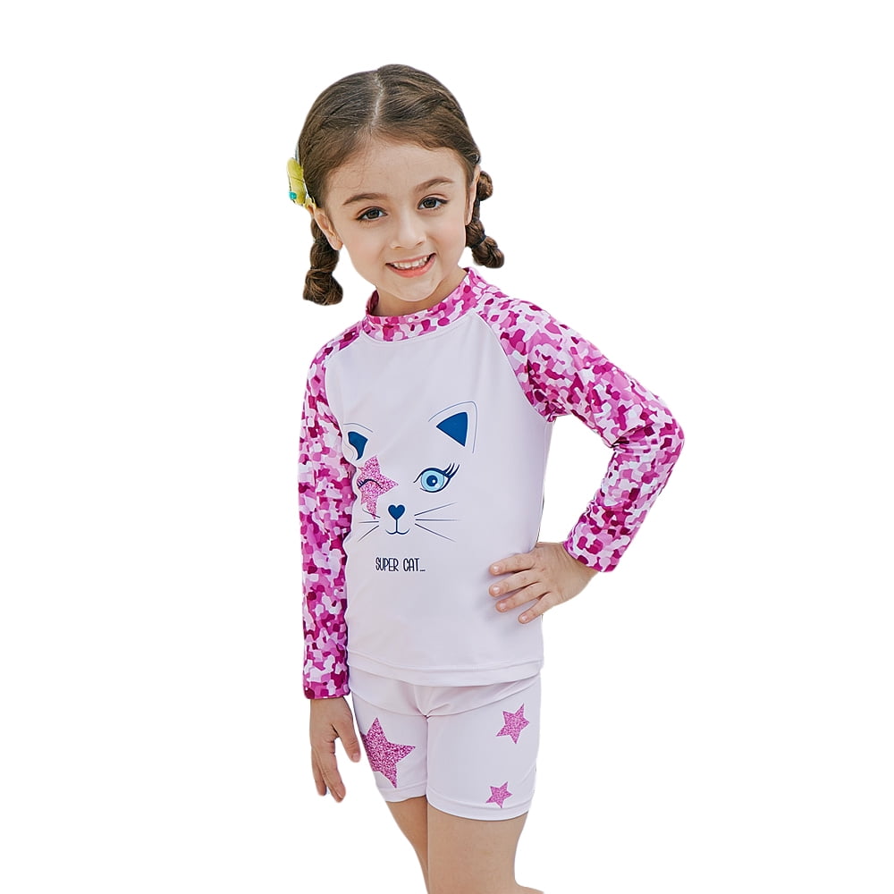 Anself Girl TwoPiece Long Sleeve Swimsuit + Cap Set UPF50+ Sun