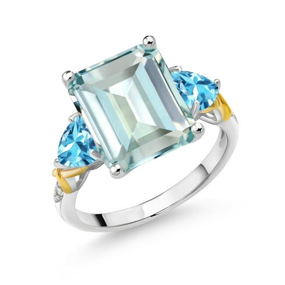 Gem Stone King 925 Silver and 10K Yellow Gold Sky Blue Simulated Aquamarine Swiss Blue Topaz and Diamond 3 Stone Ring for Women (6.59 Cttw, Gemstone Birthstone, Emerald Cut 12X10MM, Size 5)