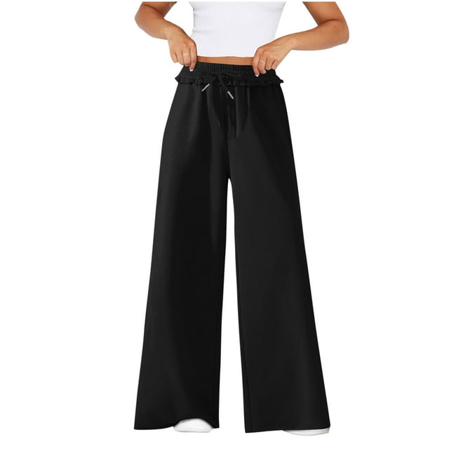 Loose Fitting Pants Womens Elastic Waist Ruffle Trim Drawstring Wide Leg Pants Solid Color Loose Comfy Trousers with Pocket S-38 Black XXL