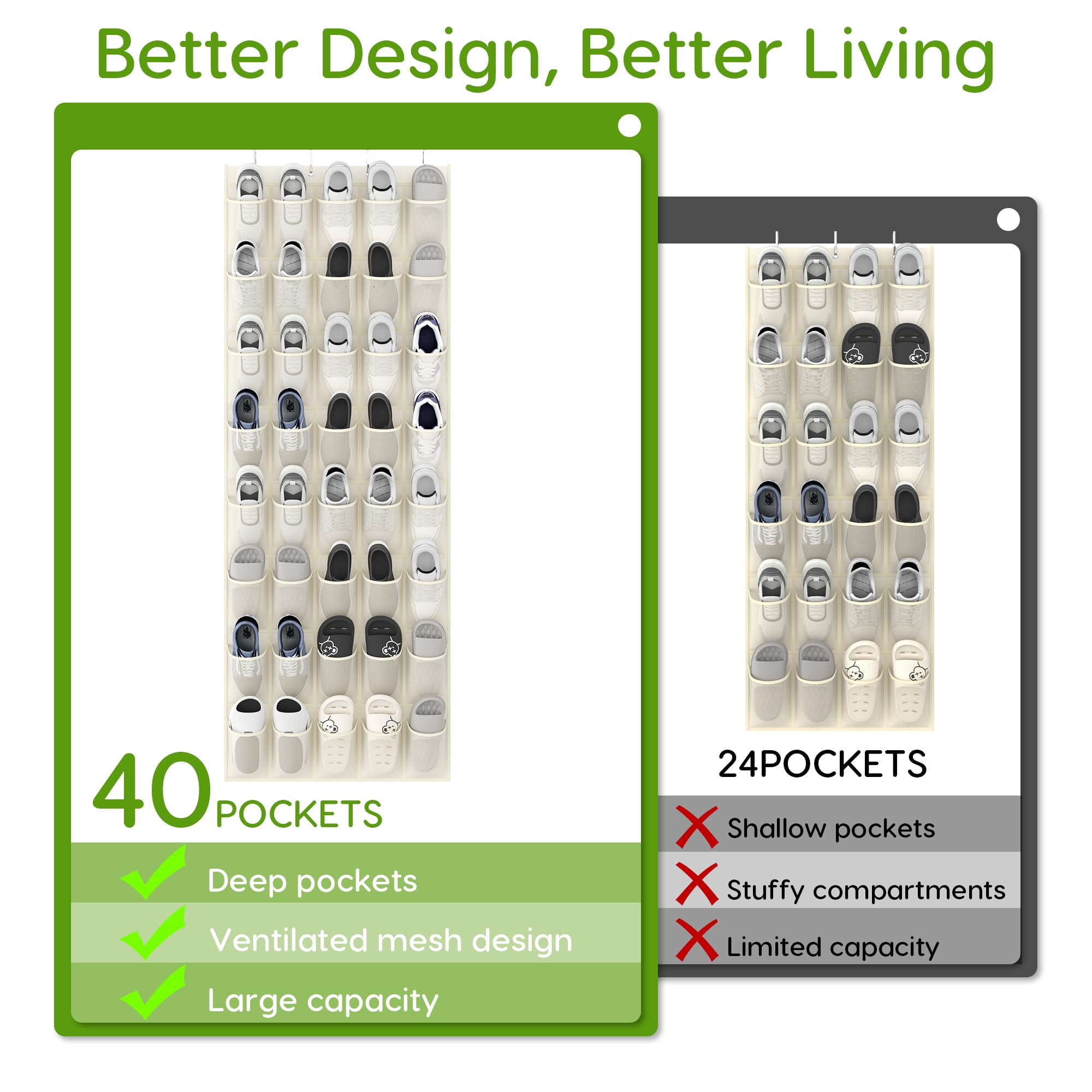 Over the Door Shoe Organizer with 40 Pockets, 18 Travel Shoe Bags & 1 Washing Bag, Hanging Shoe Rack with Breathable Mesh