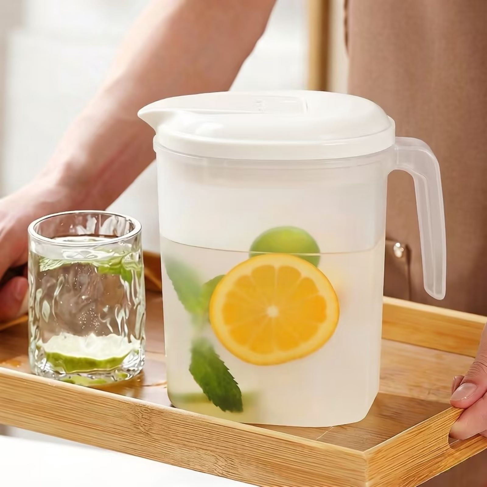 1.8L Heat Resistant Refrigerator Water Bottle With Tea Strainer Large Capacity Beverage Dispenser Durable Material With Secure Lid For Home Kitchen Iced Tea Water And Cold Drink Storage