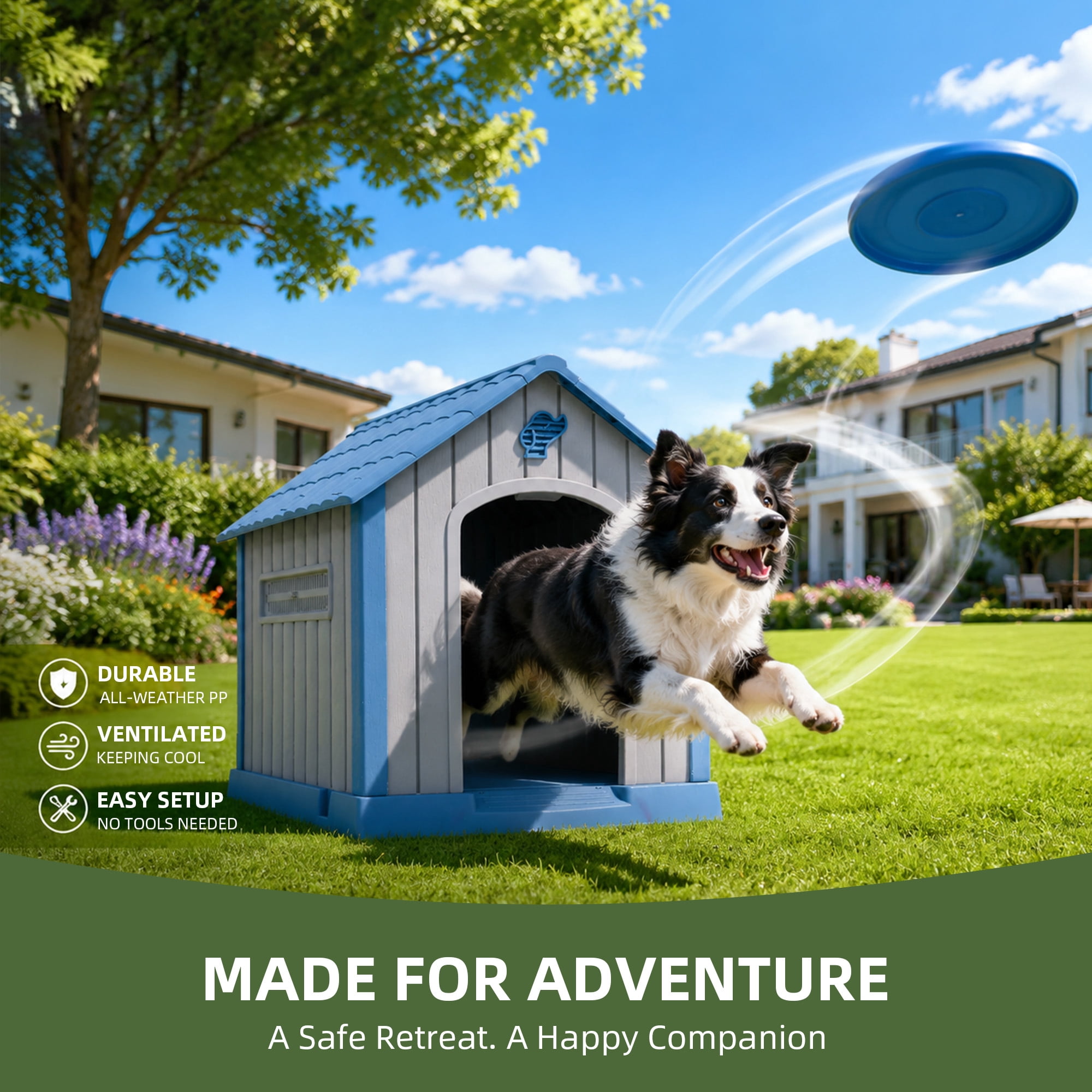 Dextrus Plastic Dog House Outdoor Indoor for Small Medium Large Dogs,Weatherproof Dog Houses with Elevated Floor and Air Vents,Durable Ventilate,29''L*30''W*32''H, Blue