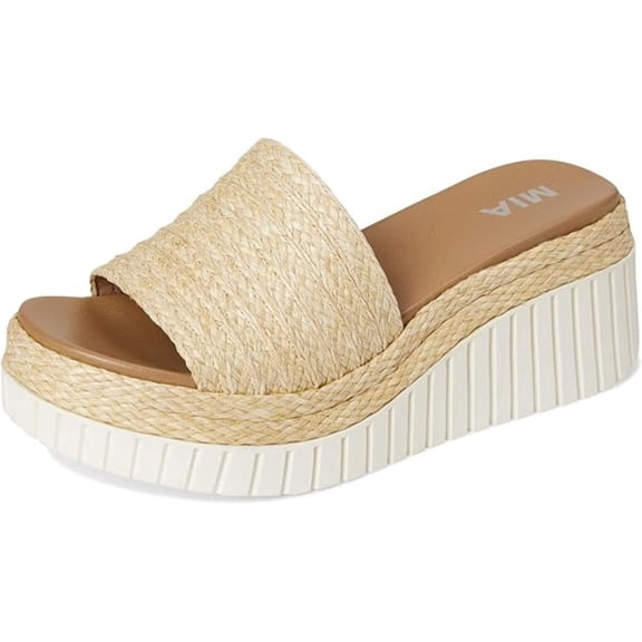 Mia Womens Yuki Slip On Platform Wedge Sandal, Natural Raffia (6)