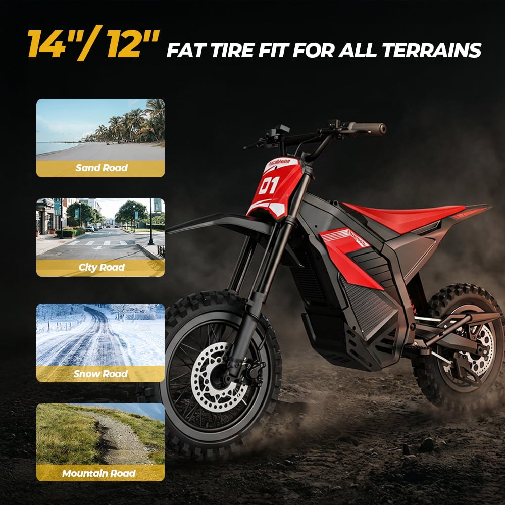 Electric Dirt Bike, 3350W, 38MPH & 35 Miles, 48V/26AH Removable Battery, 14"/12" Tire, Full Suspension, Mountain Off-Road E Dirt Bike for Adults & Teens