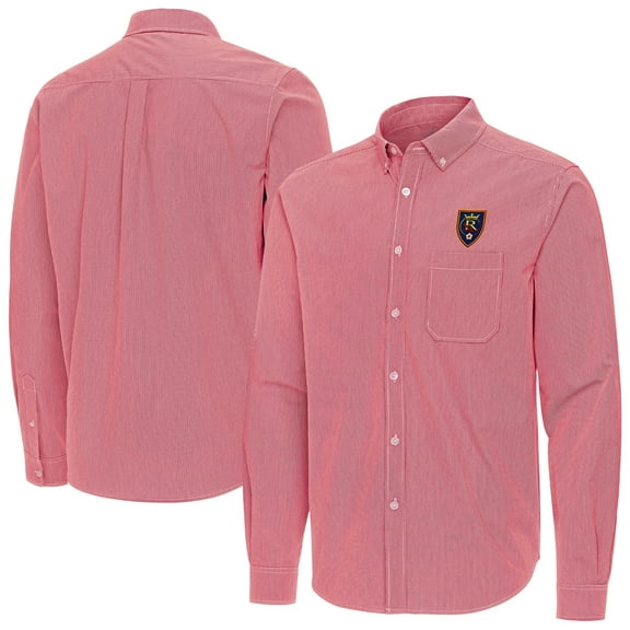 Men's Antigua Red Real Salt Lake Porter Woven Tri-Blend Long Sleeve Button-Down Shirt