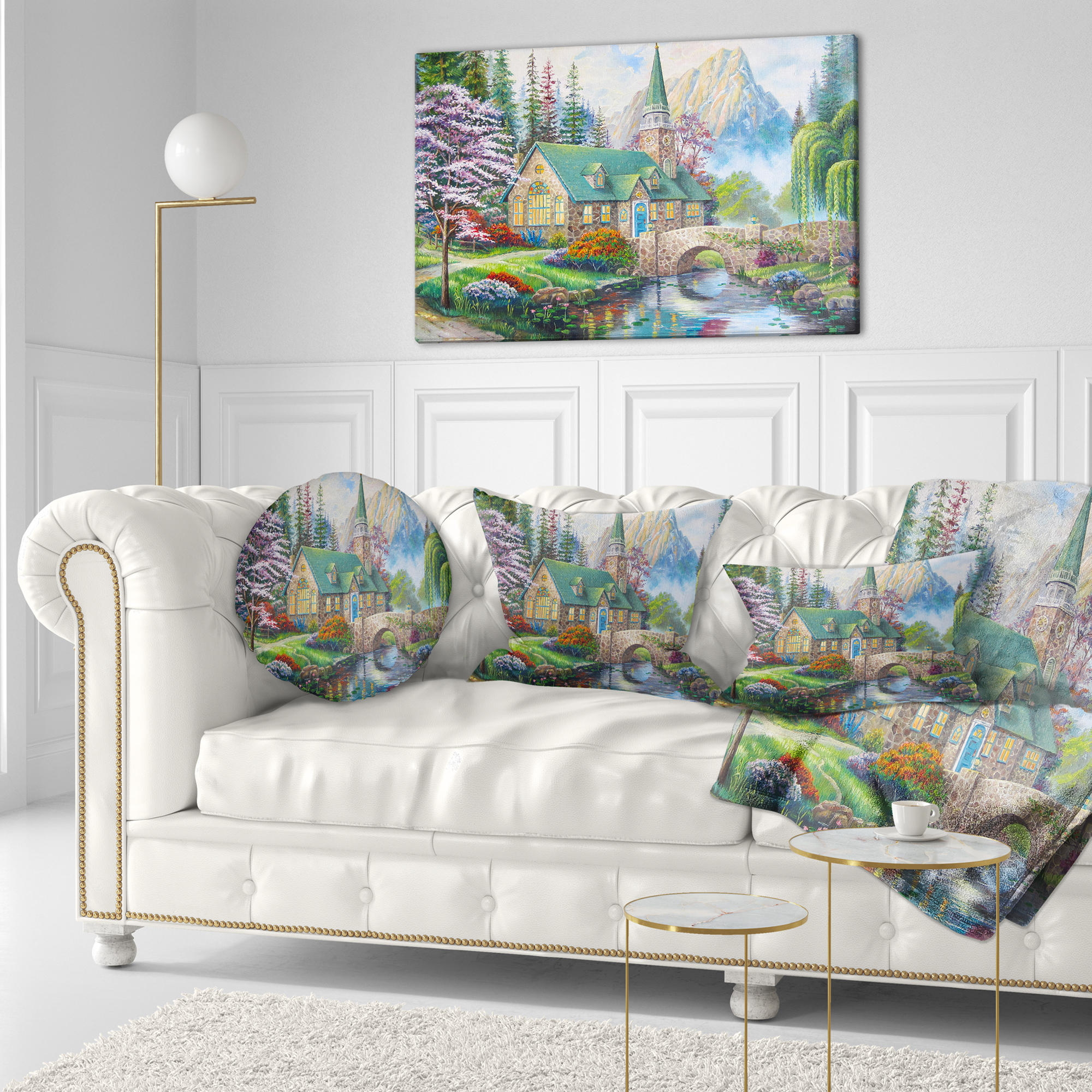 Designart Church in Forest Oil Painting - Landscape Painting Throw Pillow - 12x20