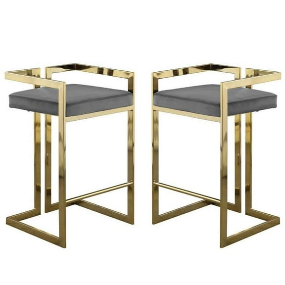 Home Square 2 Piece Velvet Counter Stool Set with Gold Metal Base in Gray