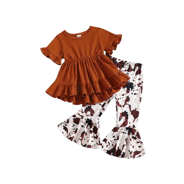 Faithtur Hauts pour Bébé Fille, Ensemble Pantalon, Blouse à Manches Courtes Col Rond Pantalon Large à Volants Décontracté, Ensemble 2 Pcs