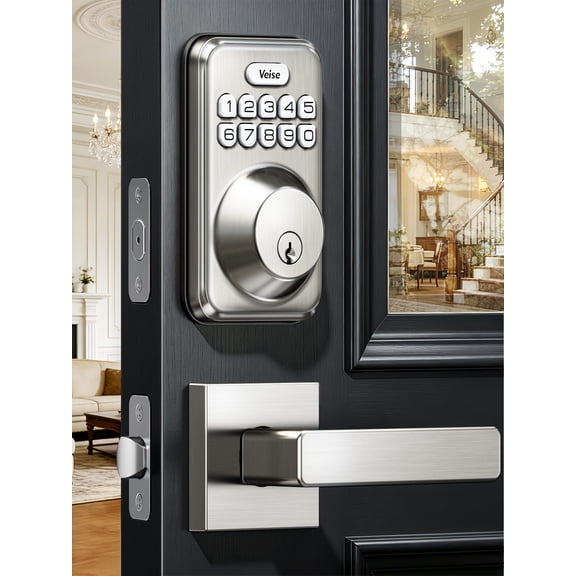 Veise DK01-B Keyless Entry Deadbolt Lock with Handle Set, Satin Nickel | 21 User Password, Anti-Peeping & One-time Code, Auto-Lock, 2 Backup Keys, Backlit Keypad, IP54 Waterproof, for Front Door